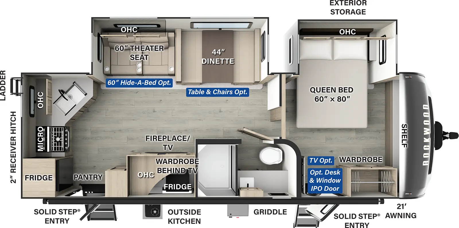 The Rockwood Ultra Lite Travel Trailers 2614BS has two entries and two slide outs. Exterior features include: fiberglass exterior, 21' awning and outside kitchen. Interiors features include: rear kitchen, free-standing dinette option and front bedroom.